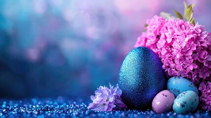 Obraz premium Glittery Easter eggs, pink flowers, spring bokeh