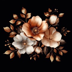 Elegant, classy, ​​vintage golden rose bouquet in dark background for wedding invitation