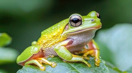 Close-up of a vibrant green tree frog on a leaf.  Possible use Nature photography