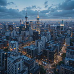 Obraz premium Cityscape at Dusk Aerial View of Buildings and Skyline