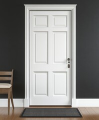A simple scene featuring a door with a chair positioned directly in front, highlighting a minimalist interior setup.