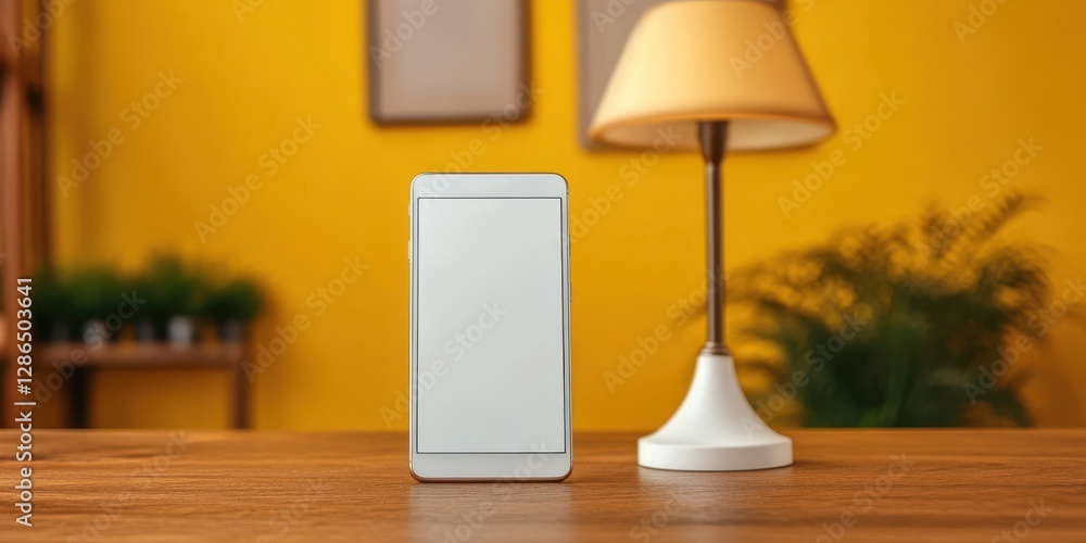Aufkleber a white phone rests on a table adjacent to a lamp, showcasing a minimalist and functional workspace 