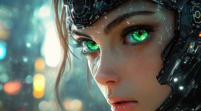 Cyberpunk Female Android with Mesmerizing Green Eyes