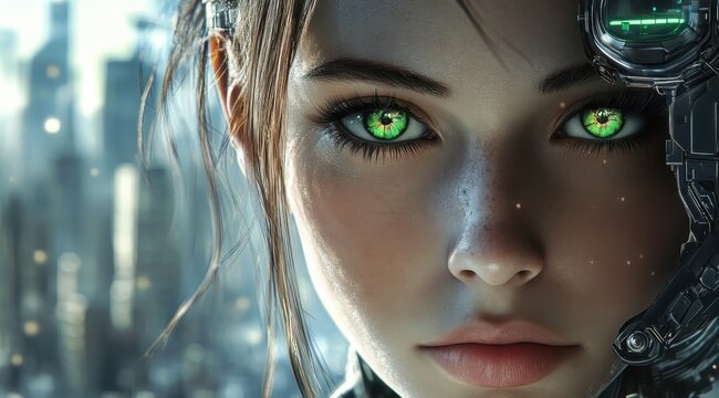 AI-Enhanced Cyberpunk Woman with Green Eyes