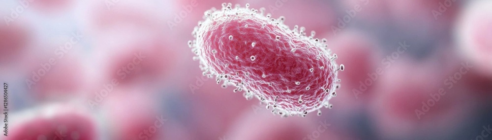 Poster a microscopic view of a pink bacterium, showcasing its unique shape and texture against a blurred ba