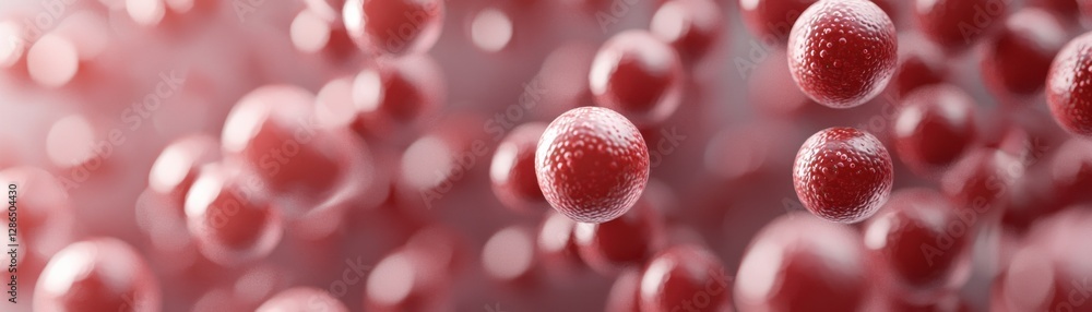 Poster a close-up view of red spheres, resembling cells or particles, set against a soft gradient backgroun