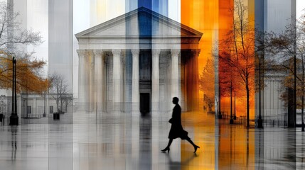 Obraz premium Woman Walking in Front of Historic Building with Colorful Stripes