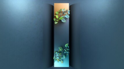 Serene Teal Green Leaves Frame Soft Light Vertical Banner. AI Generated