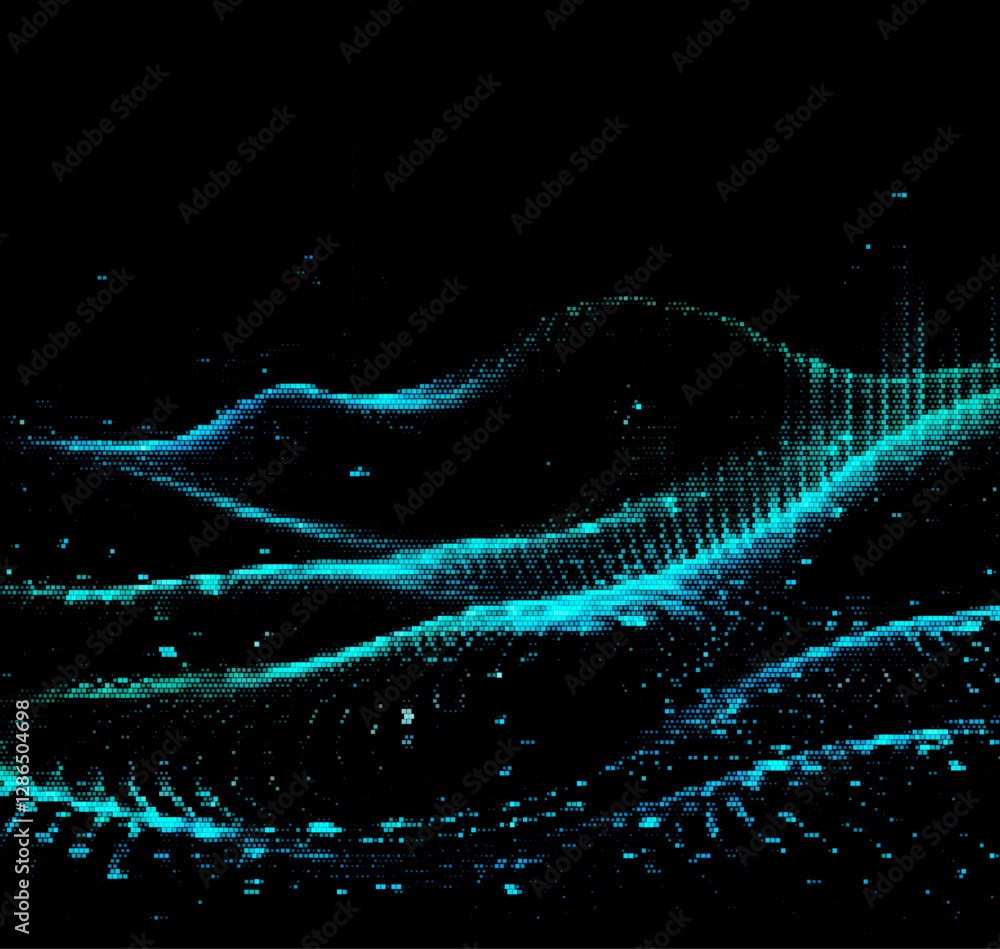 Poster a flowing vector illustration of abstract blue waves formed by dynamic particles on a dark backgroun