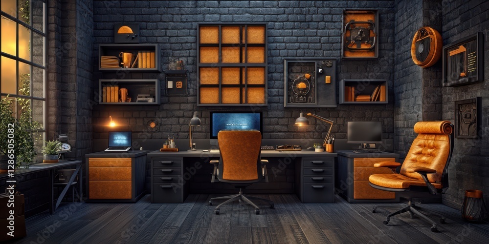 Poster a modern computer desk featuring an ergonomic chair and a sleek computer monitor, ideal for work or 
