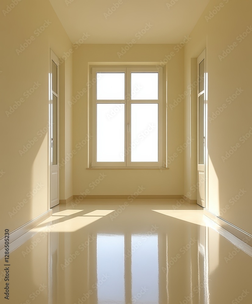 Poster a spacious room featuring a large window that illuminates a pristine white floor, creating a bright 