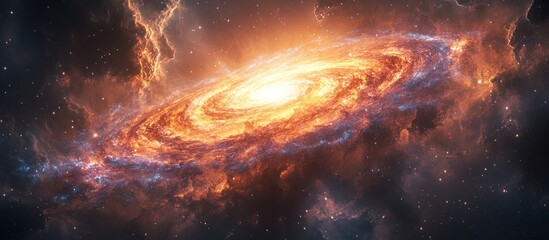 Fototapeta premium Fiery spiral galaxy with bright core and cosmic dust.