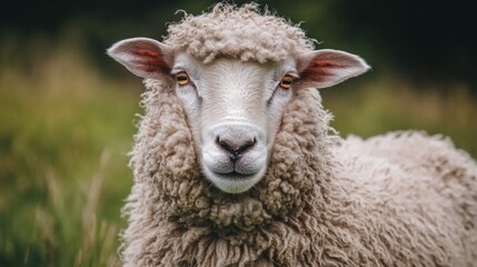 Obraz premium Sheep stands calmly in a lush green pasture under soft natural light during a serene afternoon