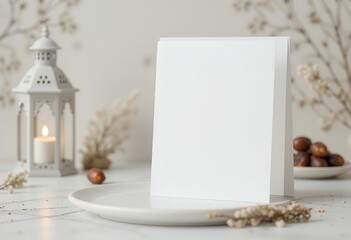 A white, blank greeting card mockup standing upright on a minimalist table. Created with AI