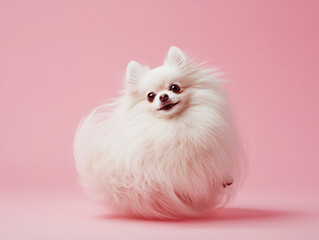 Fototapeta premium White Pomeranian Dog Pink Background Studio Puppy Pet Animal Canine Mammal Fluffy Cute Adorable Playful Happy Friend Companion Domestic Breed Small Toy