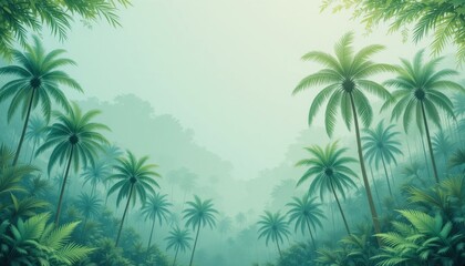 Lush Tropical Palm Trees Digital Illustration Misty Green Background - Serene Paradise Travel Tourism Marketing Materials