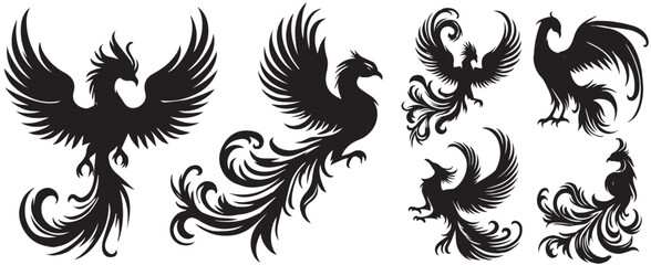 Set of Phoenix bird silhouettes, Collection of firebirds, phoenix bird set silhouette ,on white background, vector illustration, Phoenix bird, 