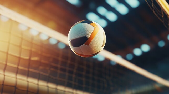 Volleyball in mid-air above the net during an indoor match at sunset