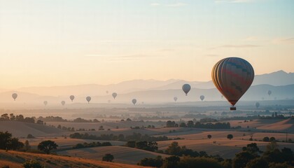 Obraz premium Colorful Hot Air Balloons Serene Sunset Scenic Rolling Hills Mountains - Aerial Travel Photography Adventure Leisure Marketing