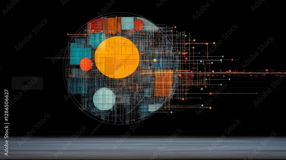 Poster abstract geometric design with colorful shapes and lines in dark background