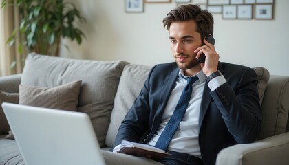 Dressed in a sharp suit, a man sits on a comfortable couch, engaging in a phone conversation while typing on his laptop, surrounded by a cozy home office atmosphere