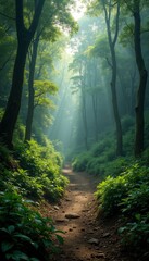 Obraz premium A serene forest path illuminated by soft sunlight, surrounded by lush greenery and mist, creating a tranquil atmosphere perfect for nature-themed projects.