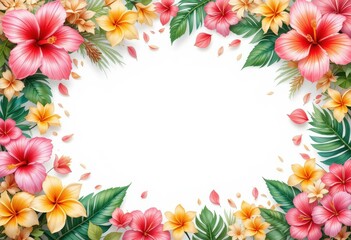 Obraz premium Vibrant Tropical Floral Border Vector Illustration Featuring Hibiscus Plumeria White Background - Invitations, Greeting Cards, Summer Celebrations