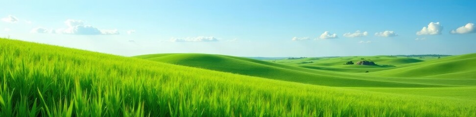 Fototapeta premium Rolling hills with green field and blue sky in Kansas landscape, nature, corn