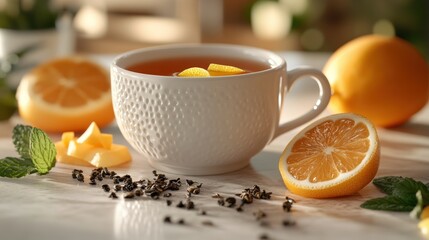 Lemon-infused tea, kitchen, sunlight, fresh fruit
