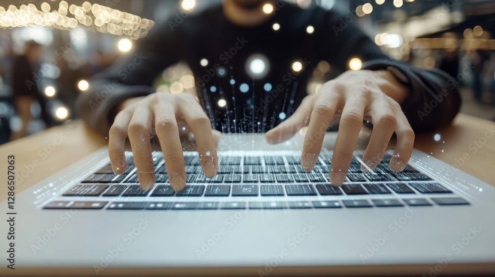 Poster a person is focused on typing on a laptop, illuminated by vibrant lights in the background, creating