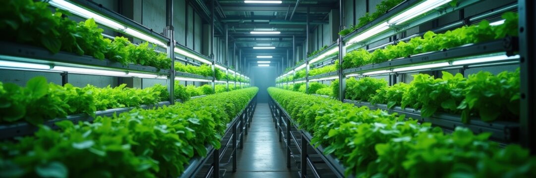A modern indoor farm featuring rows of vibrant green lettuce under artificial lighting, showcasing hydroponic agriculture's efficiency and innovation.