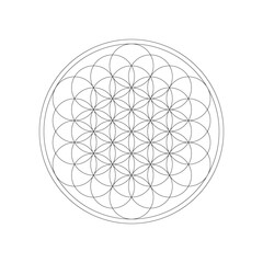 Flower of Life. Sacred Geometry. Black and white drawing with one line. Mandala for coloring. Vector illustration isolated on white background