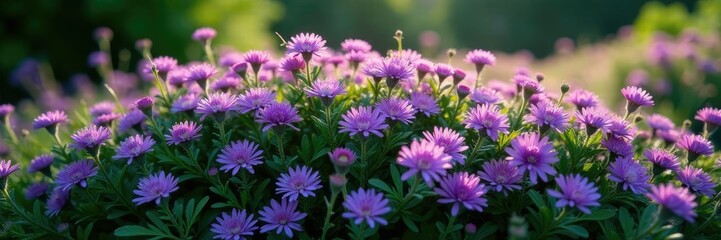Obraz premium Dense foliage of purple flowers around a small shrub, aster, nature