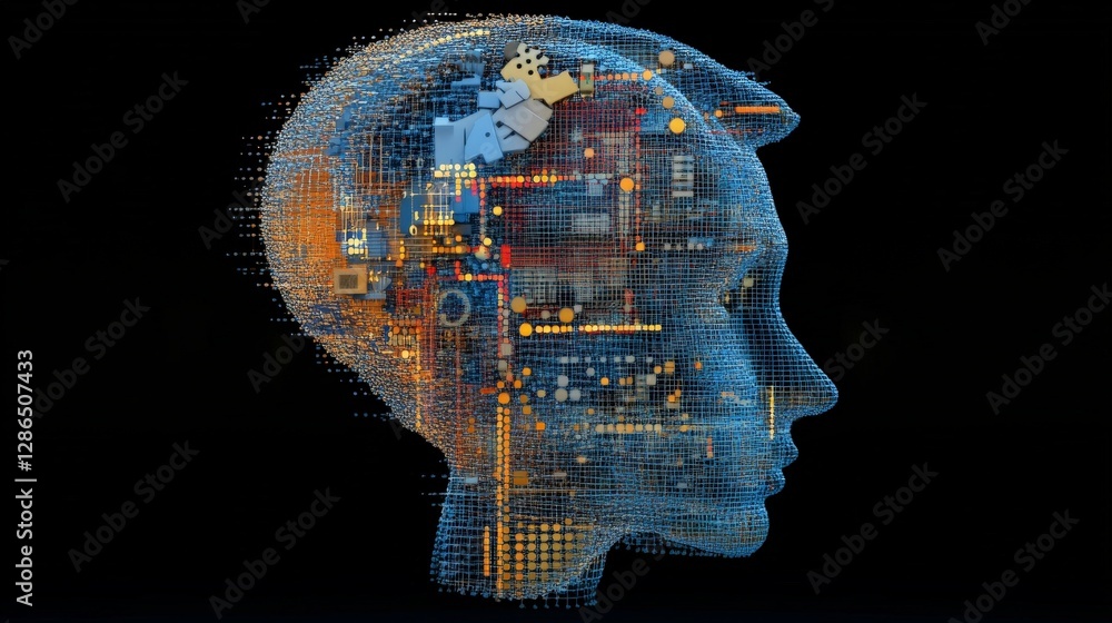 Poster digital representation of a human head with circuitry and technology