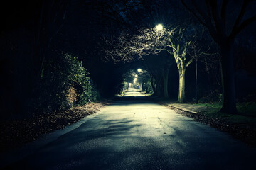 Dark empty road at night with eerie streetlights, spooky mysterious atmosphere, horror thriller vibe, abandoned street, creepy scene, fear and suspense, cinematic horror aesthetic