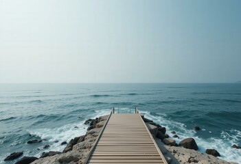 Fototapeta premium Modern Minimalist Wooden Pier Overlooking Calm Ocean Hazy Sky - Serene Coastal Escape Travel Tourism Marketing