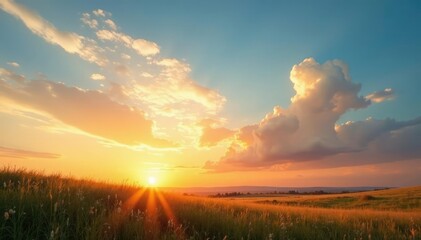 Fototapeta premium Gentle breeze stirs wispy white clouds at sunset,, peaceful, landscape