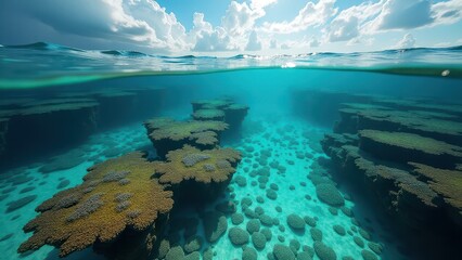 Split view of bleached coral reef with flat coral formations underwater and sun rays above	