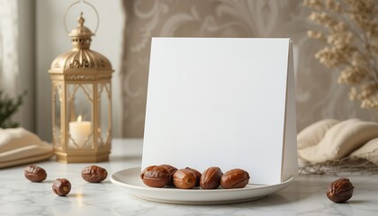 A white, blank greeting card mockup standing upright on a minimalist table. Created with AI