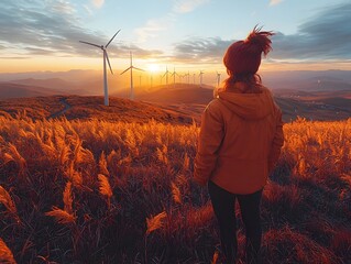 Fototapeta premium Forward Looking Environmentalist Gazing at Wind Farm Sunrise Landscape