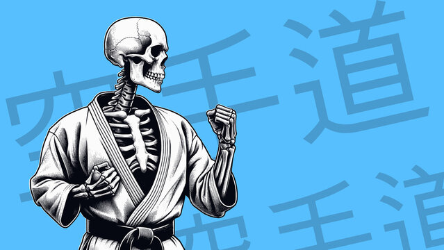 A human skeleton dressed in a karate suit.