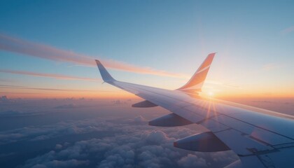 Obraz premium Stunning Airplane Wing Silhouette Colorful Sunset Sky Dramatic Clouds - Travel Aviation Marketing Campaigns