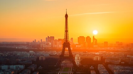 Captivating Aerial View of the Iconic Eiffel Tower During Paris' Golden Hour Sunset