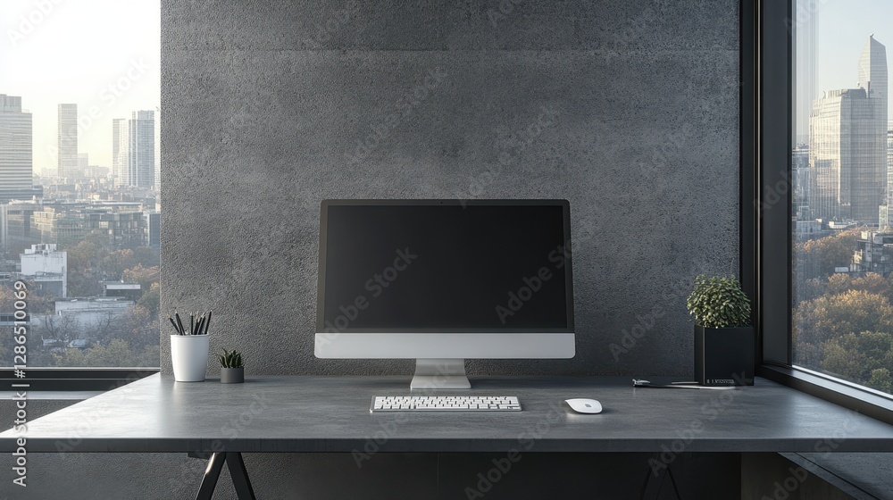 Aufkleber a computer rests on a desk, positioned in front of a window, allowing natural light to illuminate th