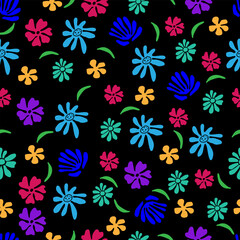 seamless pattern of various flowers on a black background