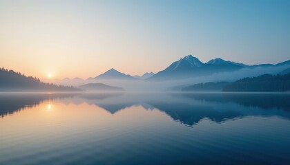 Fototapeta premium Misty Mountain Landscape Sunrise Calm Water Reflection - Serene Tranquil Scene Wellness, Relaxation, Mindfulness