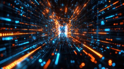 Naklejka premium A vibrant close-up of a blue and orange light tunnel, set against a contrasting black background, creating a mesmerizing visual effect.