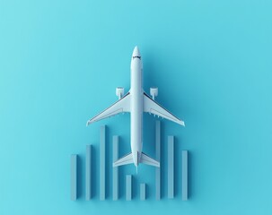 Airplane takes off, charts growth, on a blue surface; for financial reporting