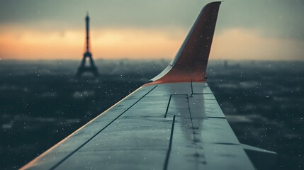 Aerial View of Plane Wing and Iconic Eiffel Tower at Sunset in Paris Skyline
