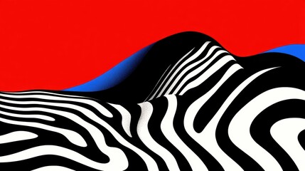 Abstract black and white wave patterns on vibrant red and blue background.